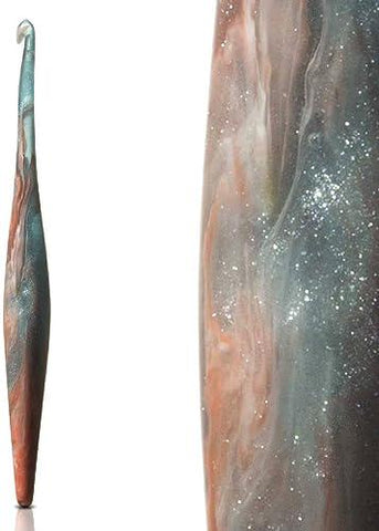 FURLS CROCHET HOOK - Unique Ergonomic Jupiter Hook in Creamy Blush with Coppery-Brown Swirls Gold Glitter - Streamline Galaxy Collection