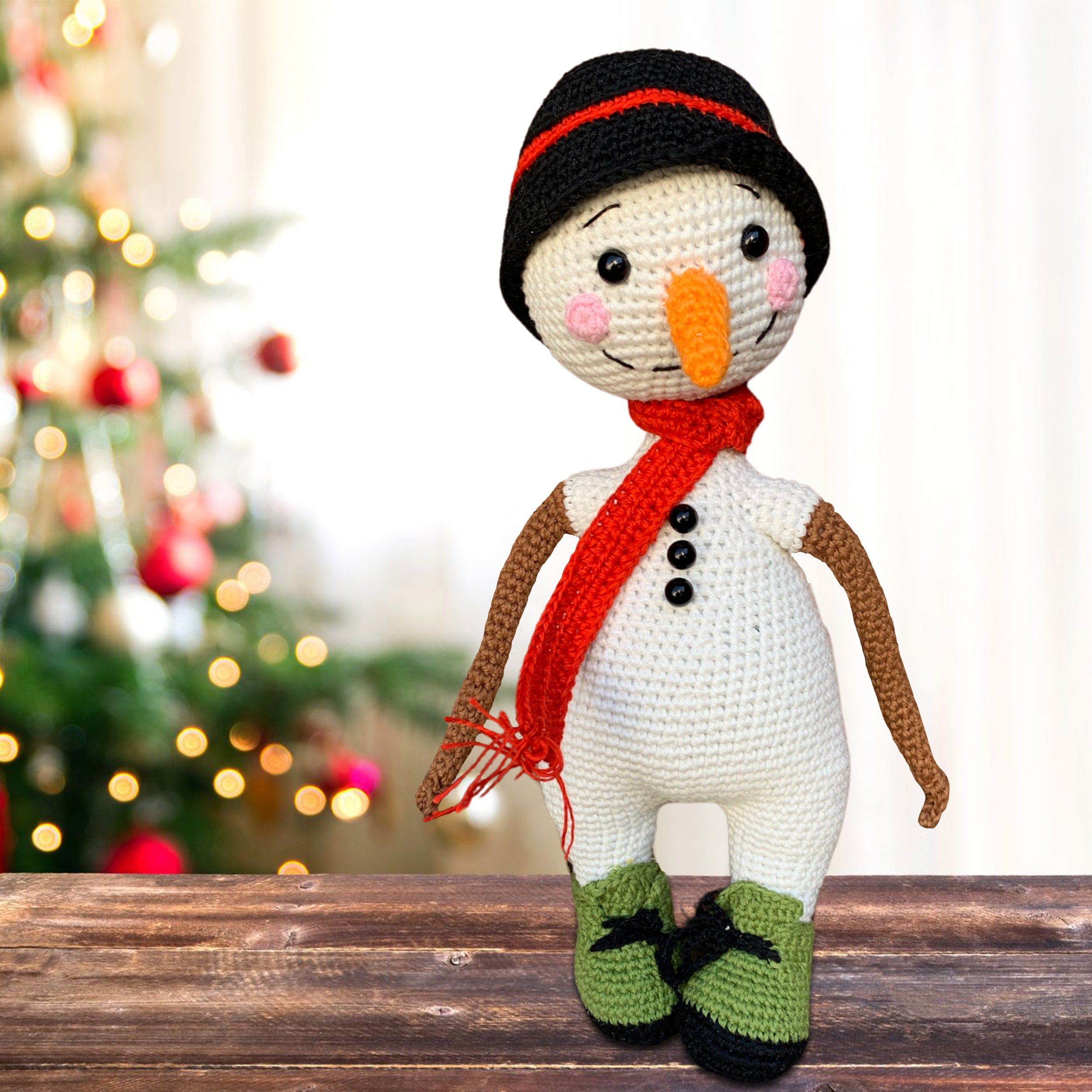 Crocheted Christmas Snowman Plush Toy by KFRod | Handmade Amigurumi Winter Decor | Miniature Stuffed Snowman with Scarf and Rosy Cheeks