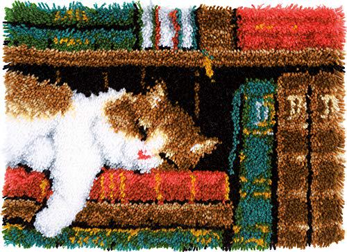Cat on Bookshelf Latch Hook Kit | Vervaco DIY Rug Kit | Hand Painted Canvas | 21" x 15" Cat Home Décor Craft