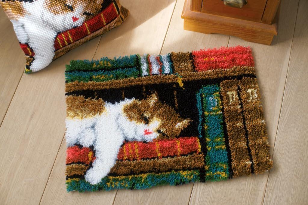 Cat on Bookshelf Latch Hook Kit | Vervaco DIY Rug Kit | Hand Painted Canvas | 21" x 15" Cat Home Décor Craft