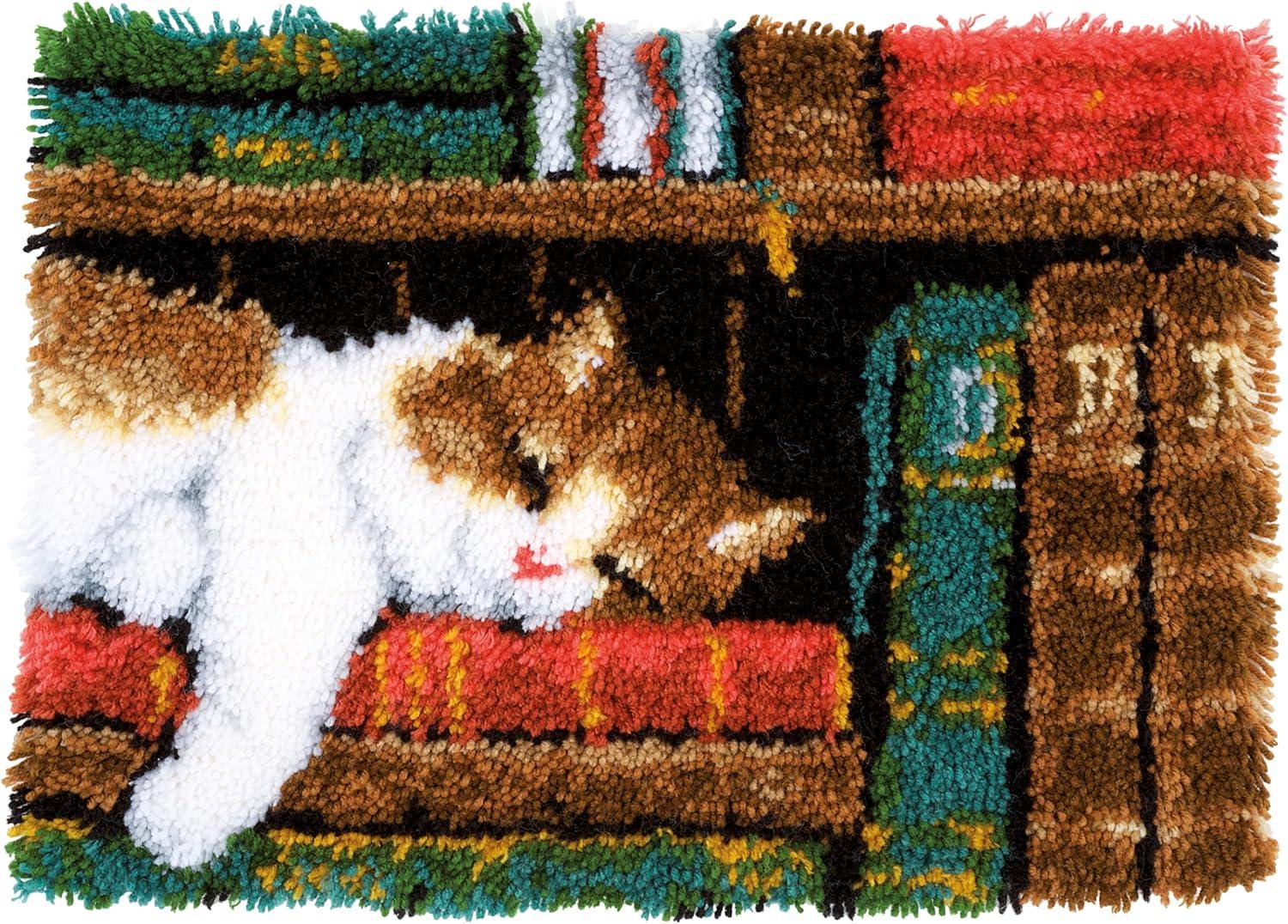 Cat on Bookshelf Latch Hook Kit | Vervaco DIY Rug Kit | Hand Painted Canvas | 21" x 15" Cat Home Décor Craft