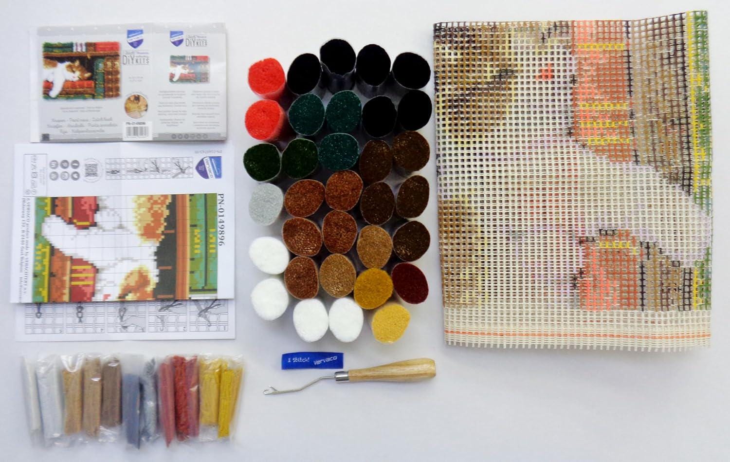 Cat on Bookshelf Latch Hook Kit | Vervaco DIY Rug Kit | Hand Painted Canvas | 21" x 15" Cat Home Décor Craft