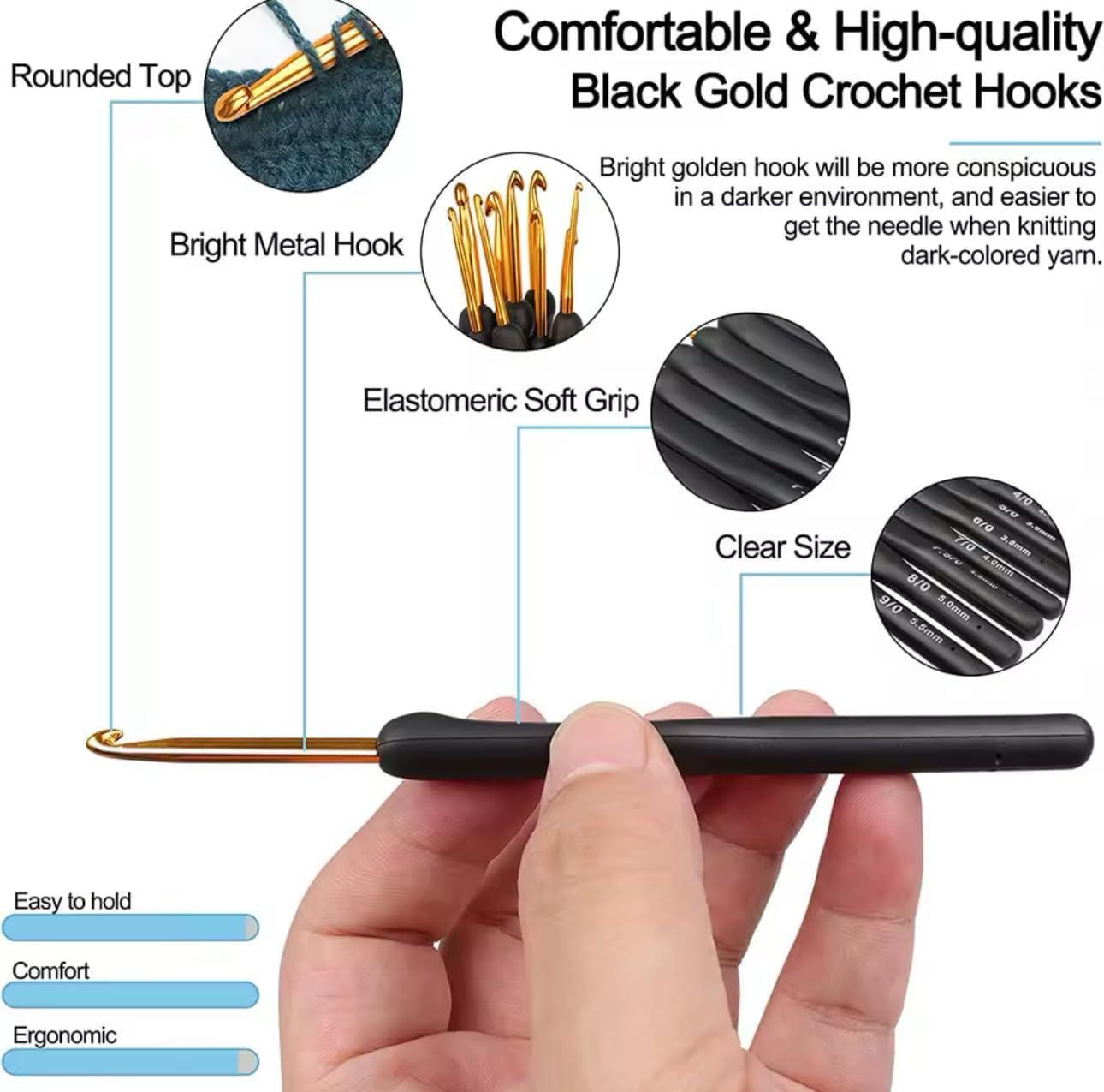 Ergonomic Crochet Hooks Set, Crochet Kit for Beginners, Ergonomic Anti Slippery Rubber Handle Knitting Needles (Set of 9 - Black)