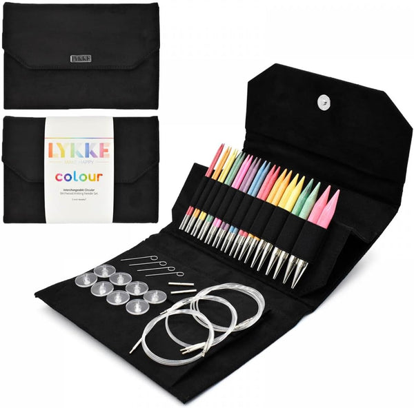 Lykke Interchangeable Knitting Needles, Color Wooden Knitting Needles Set + Measurement Tape Included (5 Inch, Black Vegan Suede)