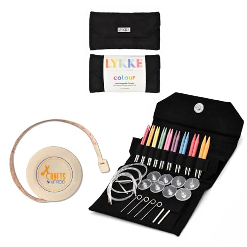 Lykke Interchangeable Knitting Needles, Color Wooden Knitting Needles Set + Measurement Tape Included (5 Inch, Black Vegan Suede)