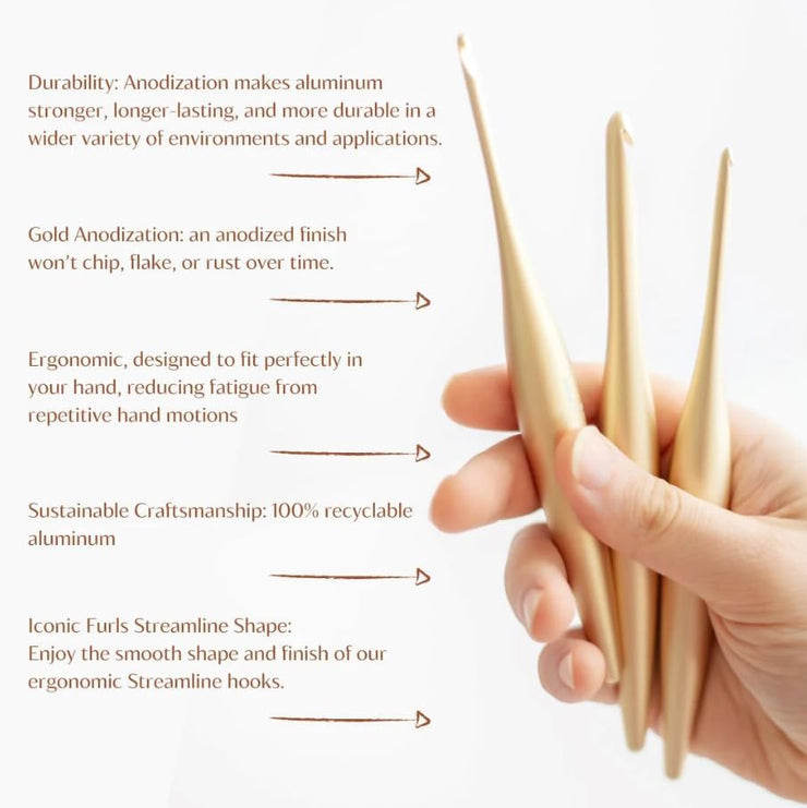 Furls Crochet Hook, Gold Streamline Metal Matte Finish & Polished, Ergonomic Handle Crochet Hooks 7"
