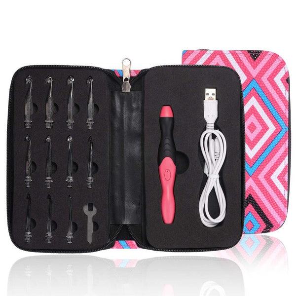 Lighted Crochet Hook Set; 11 Interchangeable Heads Size 2.5mm to 8mm with Ergonomic Soft Grip Handle and Stylish Pink Plaid Case