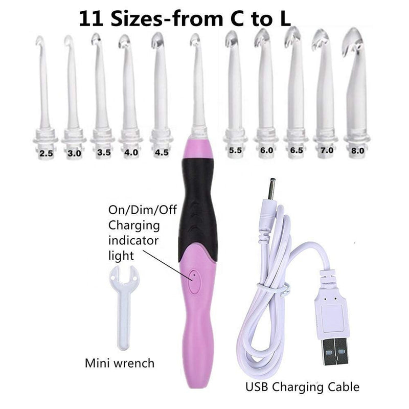 Lighted Crochet Hook Set; 11 Interchangeable Heads Size 2.5mm to 8mm with Ergonomic Soft Grip Handle and Stylish Pink Plaid Case